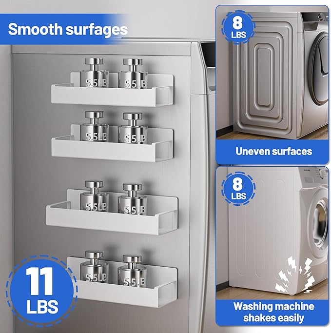 4 Pack Magnetic Laundry Organizer, Heavy Duty Magnetic Shelf For Washer And Dryer, White, Iron