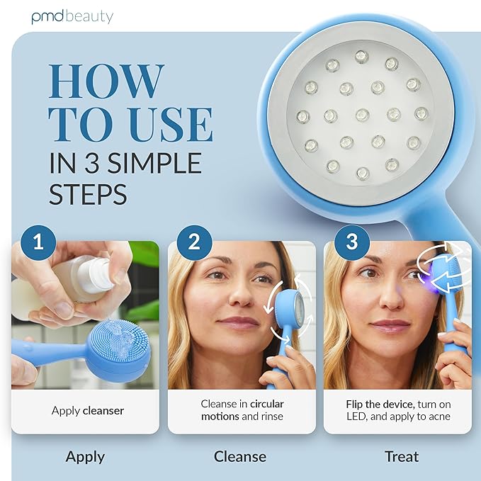 PMD Beauty Facial Cleansing Brush - Smart Silicone Brush with Blue Light Treatment - SonicGlow Vibration - Waterproof Device for Acne