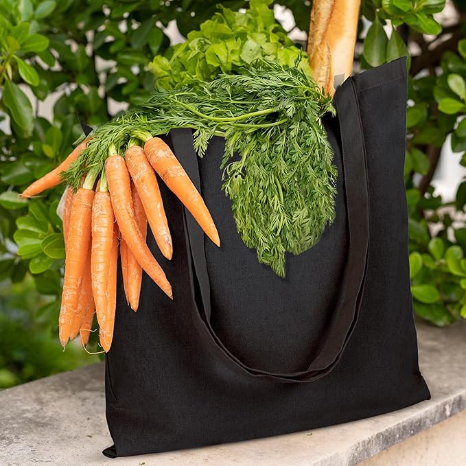 Urban Villa 24 Pack Reusable Grocery Bags 15’’x16’’ with 27’’ long Handle Black Color 100% Cotton Tote Bags Medium Weight Grocery Shopping Cloth Bags Great Choice for Promotion Gift DIY Advertising