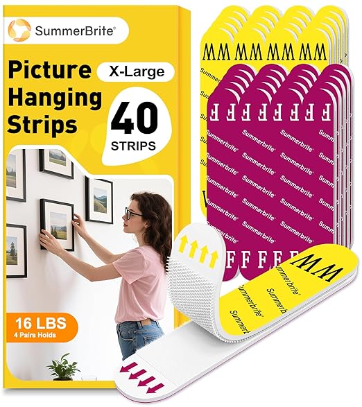 X-Large Picture Hanging Strips Heavy Duty, Damage Free Picture Hangers for Walls without Nails/Tools, Wall Sticky Hook and Loop Adhesive Strips Kit for Poster, Home, Office, 40 Strips/20Pairs, X-Large