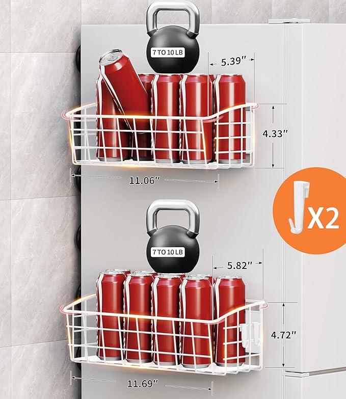2PCS Magnetic Spice Rack for Refrigerator, Versatile Magnetic Shelf Organizer with 2 Hooks for Kitchen Storage, Large Capacity Spice Rack for Fridge, Oven - White