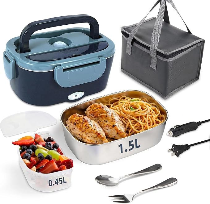 Electric Lunch Box, 80W Heated Lunch Box for Adults, 1.5L Fast Heating Lunch Box Warmer for Car/Truck/Work/Travel,12V/24V/110V Portable Food Warmer