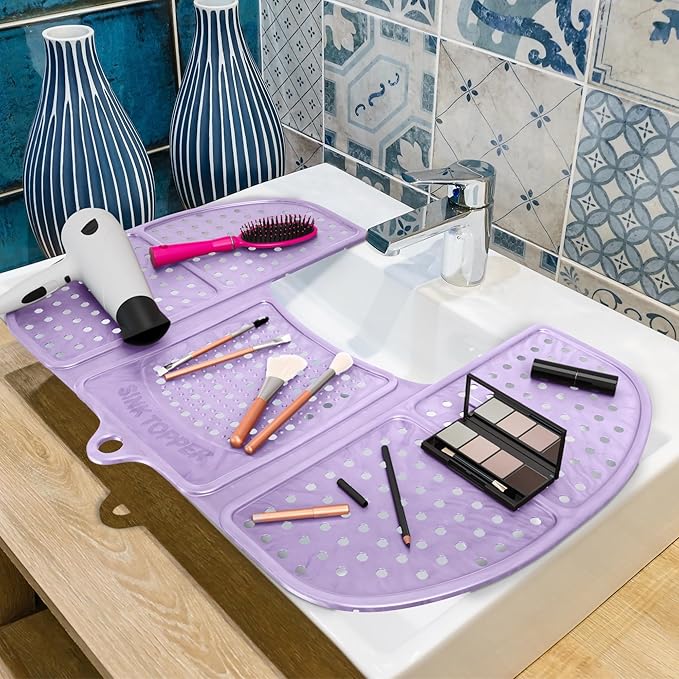 Sink Topper Bathroom Sink Cover for Counter Space & Storage Saver | RV Must Haves | Silicone Foldable Beauty Makeup Brush Cleaning Mat | Hot Tools Organizer | RV Sink Cover | Large, Lavender