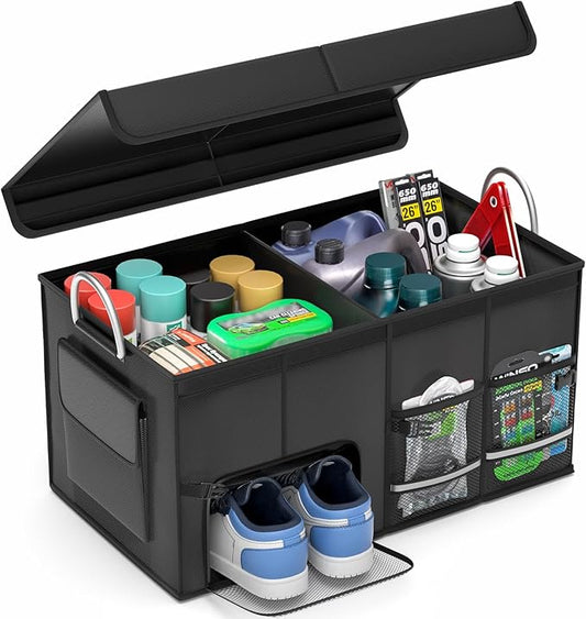 Car Trunk Organizer for SUV with Lid 56L Collapsible Golf Trunk Organizer Multi Compartment Car Caddy Organizer Heavy Duty Grocery Organizer for Car Storage Bin Cargo Box for SUV Cargo Van Accessories