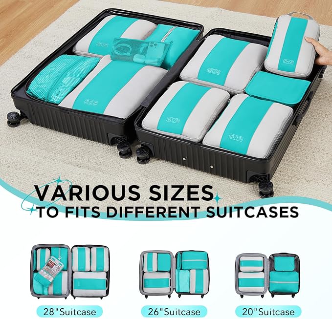 10 Set Compression Packing Cubes for Travel Essentials, Compressible Expandable Packing Cubes for Suitcase, OlarHike Luggage Organizer Bags for Travel, Handy Helper for Organizing Clothes (Blue Green)
