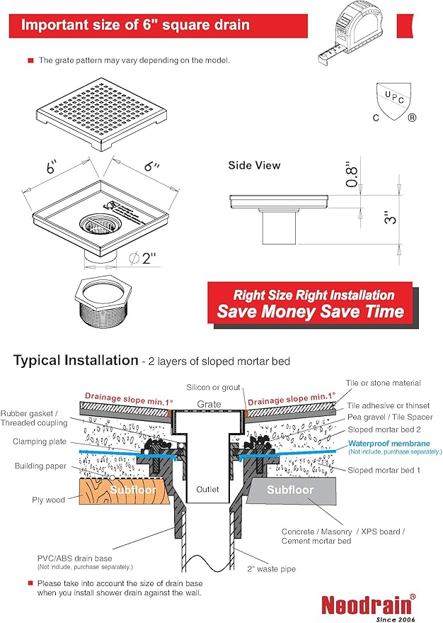 Neodrain 6-Inch Square Shower Drain with Removable Quadrato Pattern Grate, PVC Shower Drain Base and Rubber Gasket for Bathroom Floor Drain, Brushed 304 Stainless Steel, Includes Hair Strainer