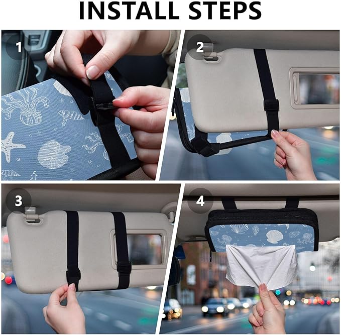 Car Tissue Holder Car Napkin Holder Car Tissue Box Dispenser Storage Case Sun Visor Mask Holder with Adjustable Straps Reusable Refillable Simple Seashells Starfish Blue