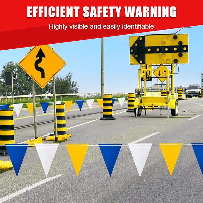 Safety Warning Pennant Banner Flags – Multipurpose OSHA High Visibility Colored Triangle Flags for Roadwork, Party and Hazard Areas(BLUE+WHITE+YELLOW,45pcs,105FT)