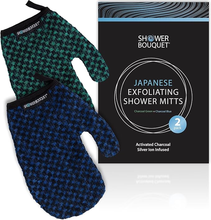 Japanese Exfoliating Mitt 2-Pack - Charcoal & Silver Ion Exfoliating Gloves for Shower - Soft Inner Fabric Gentle Exfoliation & Deep Cleansing Body Scrub Gloves for All Skin Types - 1 Blue, 1 Green