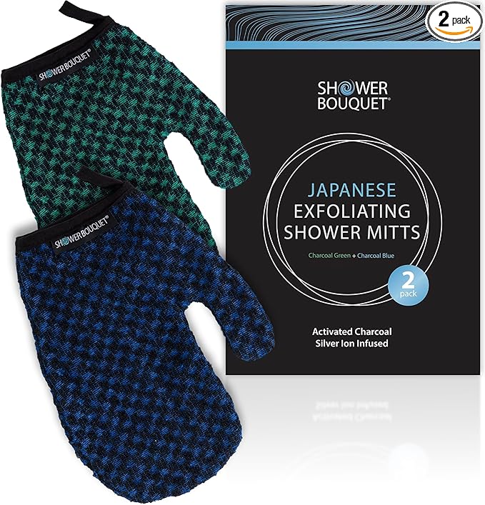 Japanese Exfoliating Mitt 2-Pack - Charcoal & Silver Ion Exfoliating Gloves for Shower - Soft Inner Fabric Gentle Exfoliation & Deep Cleansing Body Scrub Gloves for All Skin Types - 1 Blue, 1 Green