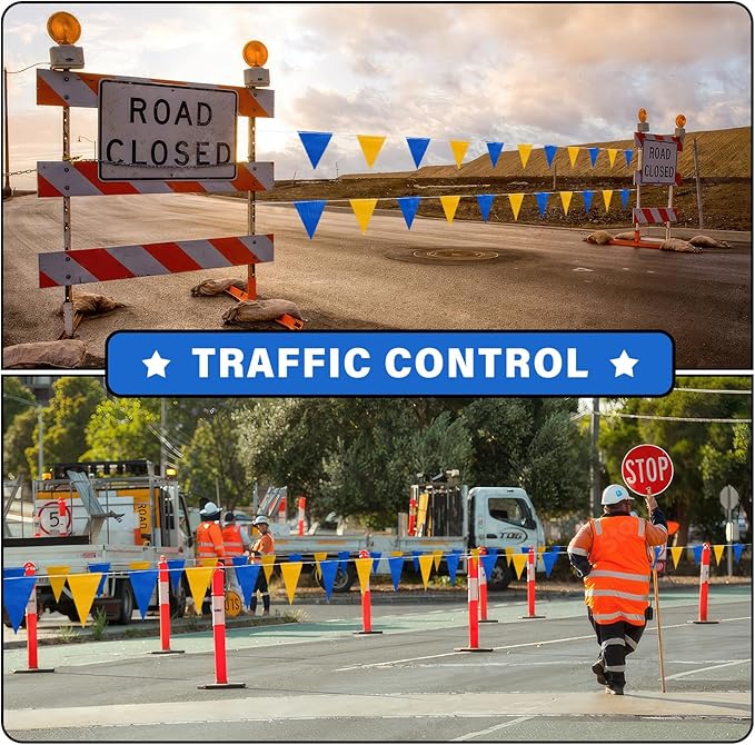 105ft Pennant Banner Flags, 7x10 Blue and Yellow 45 Pcs High Visibility Safety Flagging on String, Triangle Pool Flag for Backstroke, Construction Events Party Decoration Parking Marking Outside