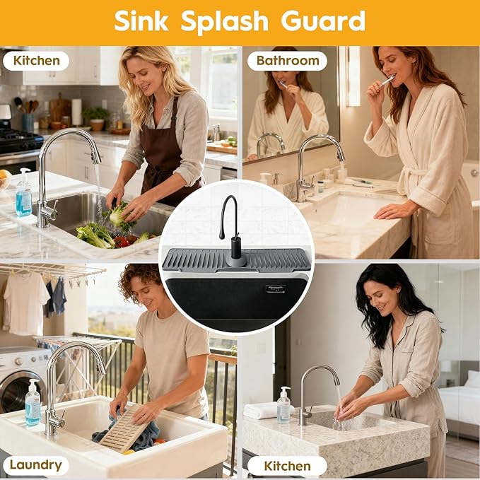16" Silicone Faucet Mat for Kitchen Sink Released in 2025/12TH,8° Slope Fast Self-draining-Kitchen Sink Splash Guard,Bathroom Kitchen Sink Area Water Splash Guard Behind Faucet Draining Dark Grey