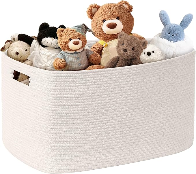 SunNewt 86L Large Baby Girls Laundry Basket for Nursery Storage,Cute Woven cotton Rope Baskets for Kids Toy，Gifts, Boho Square Wicker Blanket hamper for Living Room,Bedroom Dirty Clothes, White