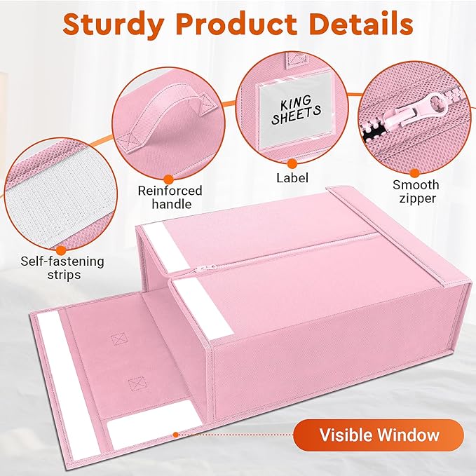 2 Pack Bed Sheet Closet Organizers and Storage,Sturdy Foldable Storage Containers with Window and Label,Storage and Organization for Bedding Sheets,Duvet Covers,Blankets (Pink)