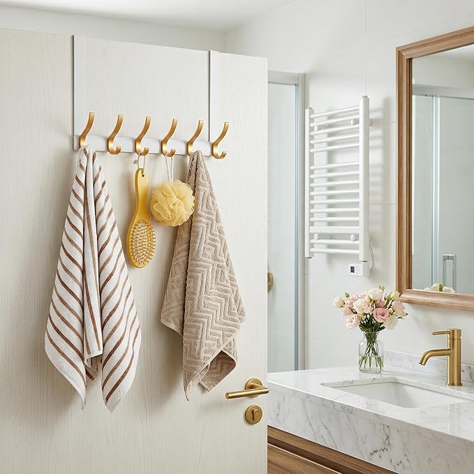 Large Over The Door Hooks, Sturdy Door Hanger with 12 Hooks, Door Towel Rack for Bathroom, Bedroom, Kitchen, Coat Rack for Hanging, Easy to Install (White Gold)