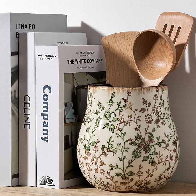 JIEMEI HOME Kitchen Utensil Holder, 6.3" Ceramic Rustic Utensil Crock for Countertop, Farmhouse Cooking Tool Organizer, Spatula Holder For Kitchen Decor, Green and Brown Floral