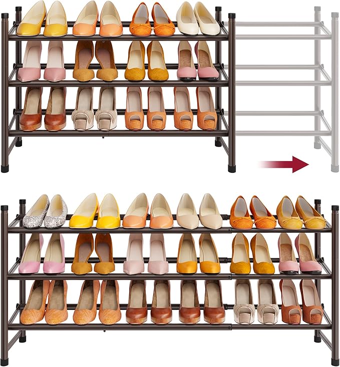 Tajsoon 3-Tier Expandable Shoe Rack for Closet, 28"-41" Adjustable & Stackable Shoe Shelf Storage, Metal Shoe Rack Organizer for Front Door Entrance, Closet, Garage, Entryway, Bronze