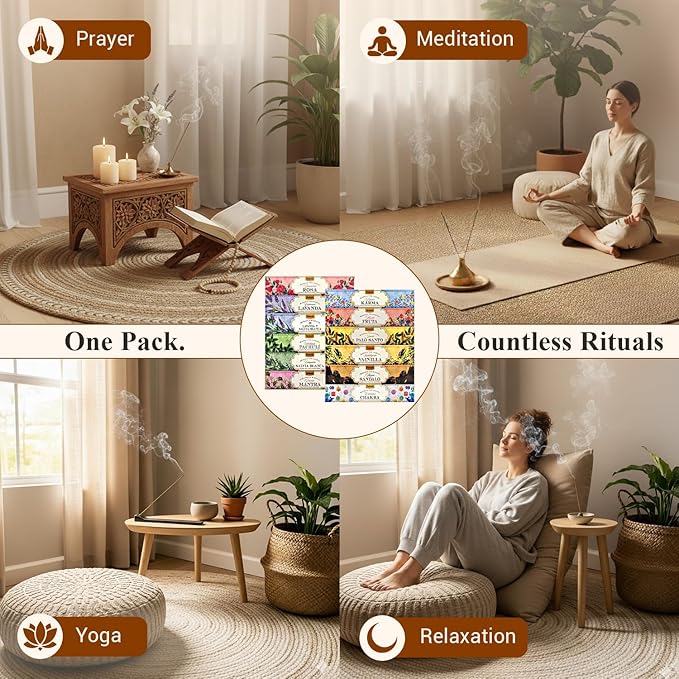 Tulasi Incense Sticks Set of 12 Scents (180 Sticks) Variety Natural Fragrances - Lavender, White Sage, Patchouli, Rose, Chakra, Mantra, Sandalwood, Palo Santo, Fruit for Positive Vibes, Thanks Giving