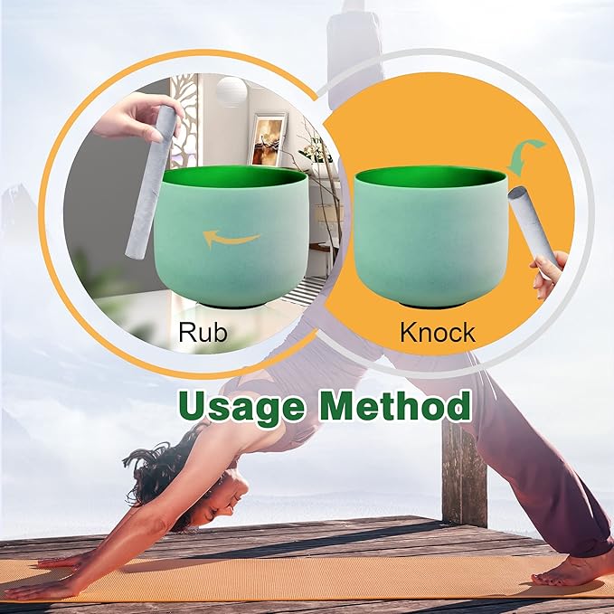 RYAN DVAN 432 hz 8” F Note Green Frosted Heart Chakra Crystal Singing Bowl with Free Heavy-Duty Carrying Case and Suede Striker O-Ring