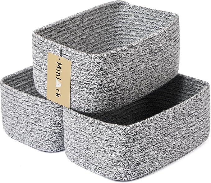 MiniArk Small Storage Baskets for Organizing | Closet Organizer Bins | Shelf Toy Basket | Woven Rope Baskets | Cube Decorative Box | Shallow Basket | 11.5x7.5x4.7” | 3 Packs Mixed Grey
