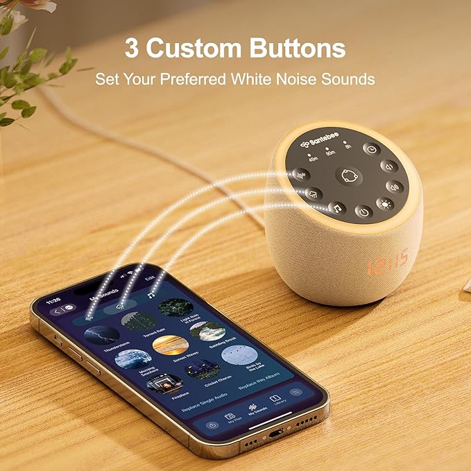 White Noise Sound Machine for Sleeping, 361 Soothing Sounds, Smart APP Control, Custom Buttons, Non Looping Natural Sounds, Bedside Dimmable Clock, Night Light, Santebee for Adults Baby Kids Lullaby