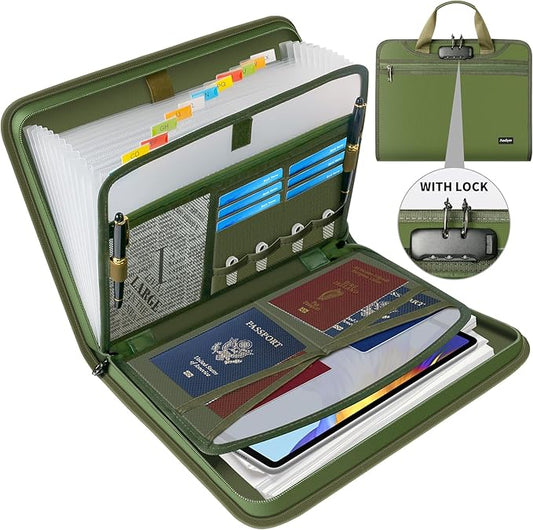 Andyer Accordion File Organizer with Lock, Fireproof Expanding File Folder with Tabs, 13 Pockets Important Document Organizer with Handle, Portable Paperwork Business Organizer, Letter/A4-Size (Green)