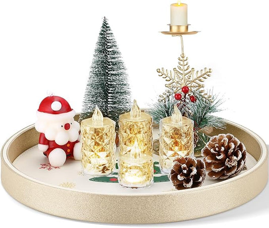 GORESE Christmas Decorative Tray for Coffee Table Decor, 12" Round Leather Christmas Tray for Home Decor, Dining Table Centerpiece, Xtmas Decorations Serving Trays, Gift for Women and Men(Tree)