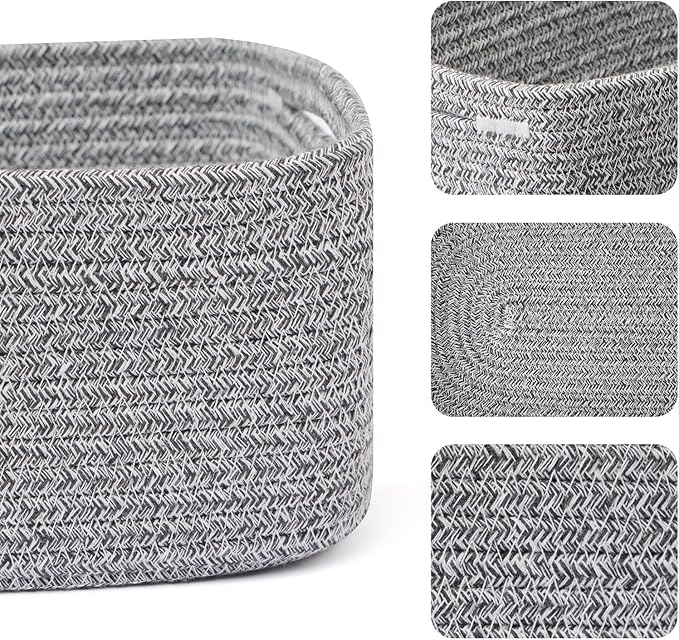 MiniArk Small Storage Baskets for Organizing | Closet Organizer Bins | Shelf Toy Basket | Woven Rope Baskets | Cube Decorative Box | Shallow Basket | 13x8.5x5.1” | 3 Packs Mixed Grey