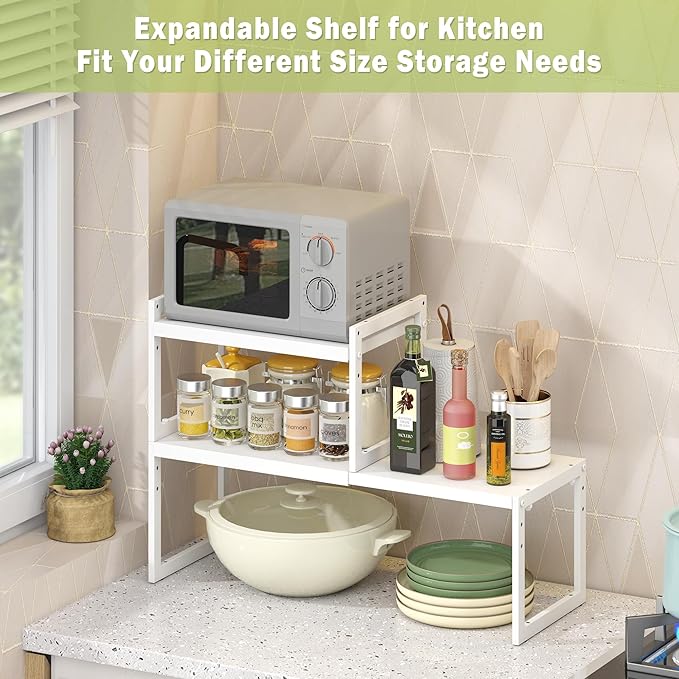 DOLALIKE Expandable Kitchen Countertop Organizer, Stackable Cabinet Shelf Organizers, Space Saving Spice Rack Pantry Storage for Bathroom Office Organization (White, 2 Tier)