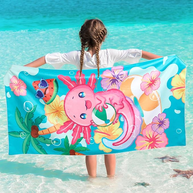 WERNNSAI Beach Towel for Kids, 30”x 60”Axolotl Quick Dry Sand Free Kids Beach Towel for Girls Personalized Beach Towel Pool Camping Travel Towel Soft Beach Blanket Bath Shower Towel
