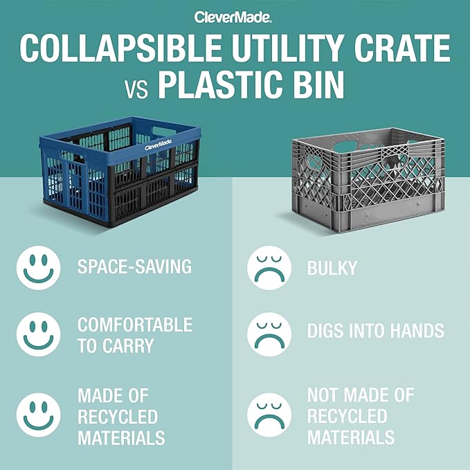 CleverMade 60L Collapsible Utility Crate (66 lb Capacity), Heavy Duty Folding Storage Crate, Stackable Plastic Organizer for Car Trunk, Garage & Groceries, 23 x 15 x 12 in, Obsidian