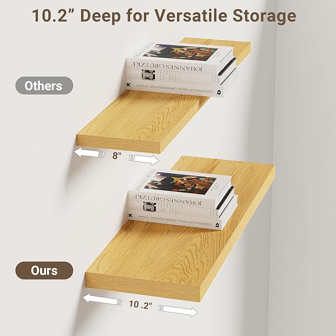 Vivelove 10" Deep Floating Shelves Over Toilet, 24" Wall Shelves for Bathroom Bedroom Kitchen Living Room Laundry Room, Modern Rustic Shelves for Home Decor, 24"x10.2"x1.5", Set of 2, Oak