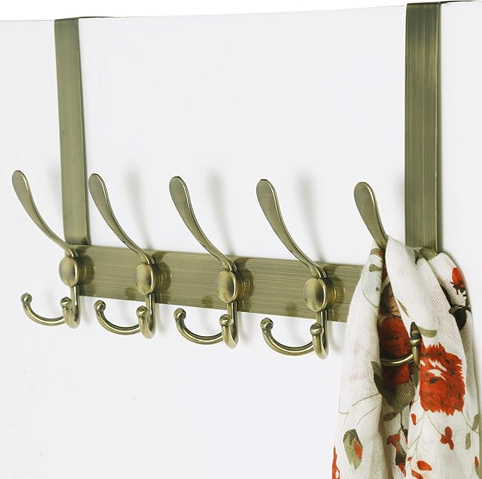 SKOLOO Over The Door Hook - for Doors up to 1-3/4'' Thickness, Metal Door Hanger with 5 Triple Hooks, Bronze Over The Door Hanger for Coats, Hats, Towels, Assembly Required