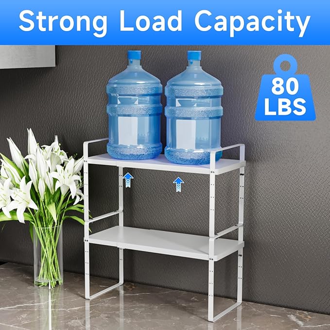 KIKIBRO Expandable Cabinet Shelf Organizer, Stackable Kitchen Pantry Counter Storage, Adjustable Closet Cupboard Stand Rack Risers, Spice Organization, 80LBS Heavy Duty, White, Large, 2 Pack
