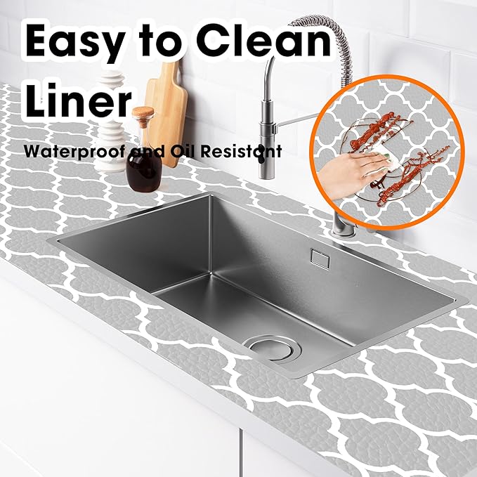 Gopas Drawer and Shelf Liner for Kitchen Cabinets Non-Adhesive, Non-Slip Cabinet Liner Shelf Paper Strong Grip Waterproof Easy to Clean for Kitchen Shelves Cupboard, Gray Lantern,12IN X 30FT