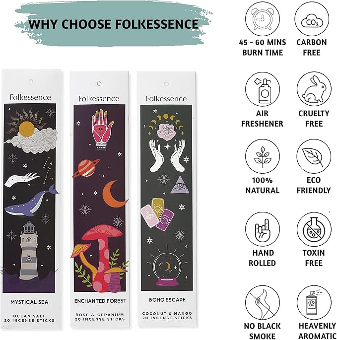 Folkulture Incense Sticks | Set of 6 (120 Organic Insence-Sticks) for Positive Aura with 45 Mins Burn Time | Non Toxic Coconut Mango, Aqua, Green Tea, Rose Geranium, Orange Blossom Inscents-Sticks