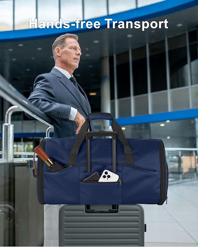 NPBAG Convertible Garment Duffle Bags for Travel - Carry on Garment Bag, Suit Bag for Men & Women, 3 in 1 Foldable Travel Duffle Backpack with Shoulder Strap (Blue)