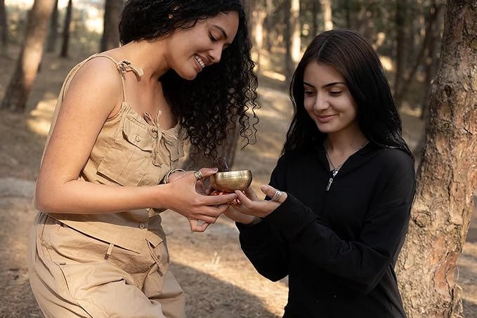 Tibetan Singing Bowl Set - Easy To Play for Beginners - Authentic Handcrafted Mindfulness Meditation Holistic Sound 7 Chakra Healing Gift by Himalayan Bazaar (3 Inch, Gold)