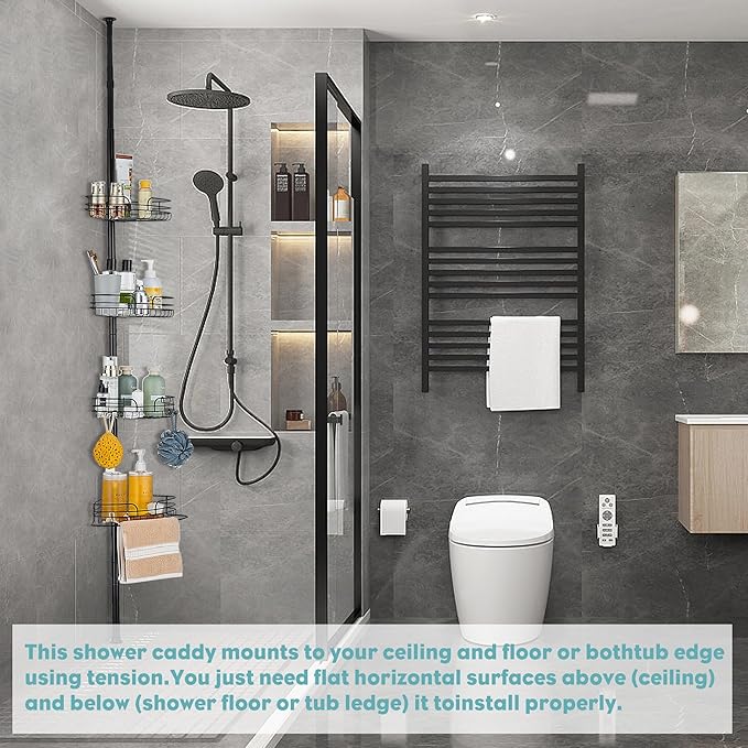 WPT Black Shower Caddy Tension Pole for Bathroom, Stainless Steel Corner Shower Caddy Organizer Stand for Bathtub Shampoo Storage, 4 Tier Adjustable Shelves, 28.7 to 104.7 Inches