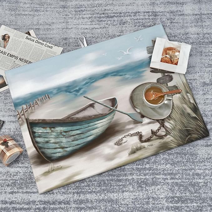 Sea view wooden boat Dish Drying Mat for Kitchen Counter Decor 18x24 Inch Floral Absorbent Reversible Microfiber Dish Drying Pad Flower Dish Drainer Rack Mats for Coffee Bar