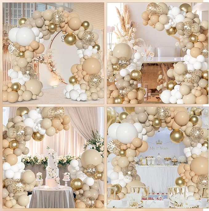Ouddy Party White Sand Gold Balloon Arch Garland Kit, Different Sizes 18 12 10 5 Inch Beige Nude Cream Neutral Latex Metallic Confetti Balloon for Baby Shower Wedding Birthday Party Decorations