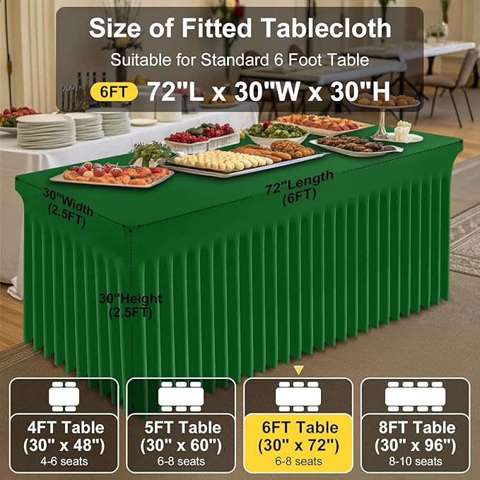 Smiry Spandex Tablecloth, Elastic Fitted Stretch Tablecloth for 6FT Rectangle Tables, Waterproof Washable Table Cover Skirt for Outdoor, Wedding, Banquet & Parties (Emerald Green, 72Lx30Wx30H Inch)