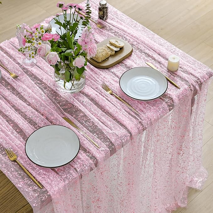 Horaldaily Pink Gold Gauze Tablecloth 60x120 Inch Rectangular, Pink Sequin Glitter Metallic Foil, Sheer Tulle Cheesecloth for Wedding Baby Shower Ceremony Birthday