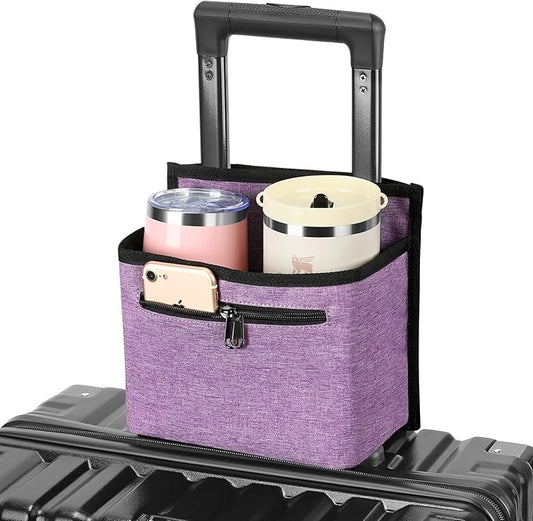 ZHCHG Luggage Travel Cup Holder Attachment for Suitcase Drink Carrier Caddy, Coffee Mug and Tumblers, Traveler Carry on Hands Free Accessory- Gifts for Flight Attendants Travelers Accessories (Purple)