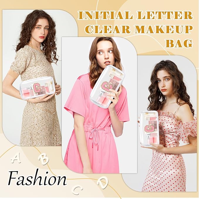 Personalized Initial Letter Clear Makeup Bag,Preppy Small Nylon&PVC Cosmetic Zipper Bag with Chenille Letter,Travel Skincare Toiletry Bag,Monogram Christmas Gift for Teen Girls Women,C