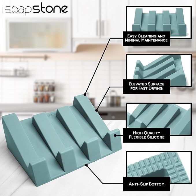 iSoapStone Silicone Soap Dish (USA Patented) Self Draining Bar Soap Holder for Shower Bathroom Sink, Drying Soap Dish Tray Sponge Holder Easy Cleaning Soap Saver Mat Travel Accessories (Teal, 1)
