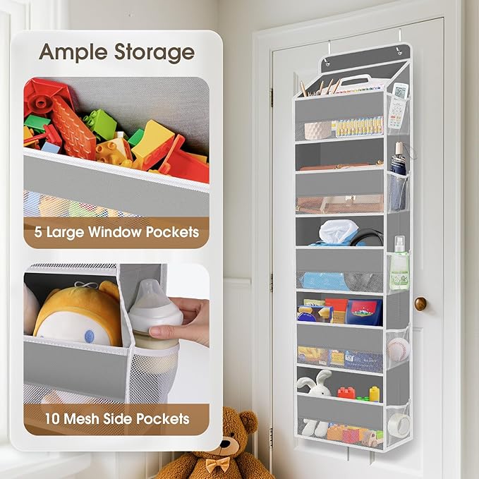 2 Pack Over The Door Organizer, Hanging Storage Organizer with Clear Window, 40lb Ultra Sturdy Large Capacity Room Organizer for Pantry Laundry Bathroom Nursery Closet (Grey)