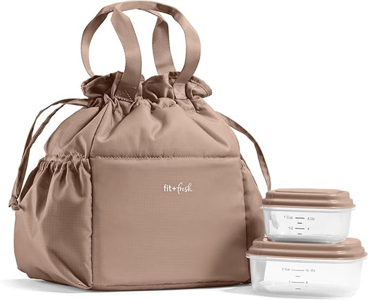 Fit & Fresh Cromwell Drawstring Lunch Bag for Women, Complete Lunch Set with 2 Containers, Stain-Resistant, Leak-Resistant, Back to School Essential, Teacher Lunchbox, Taupe