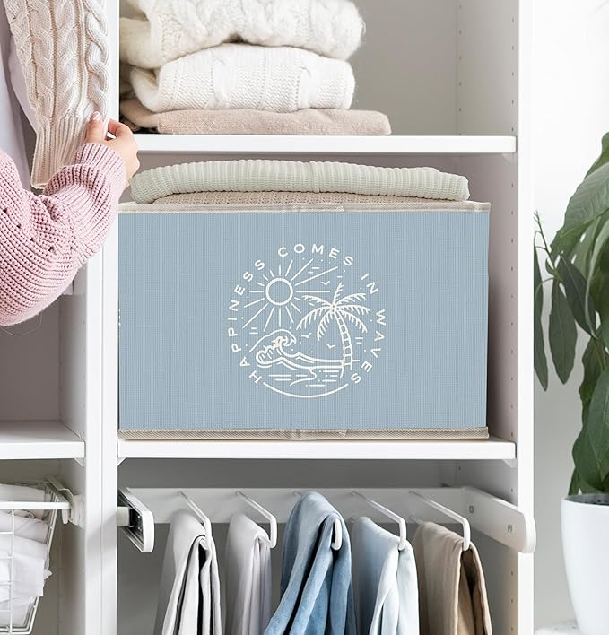 Blue Coastal Beach Storage Bins Box with Handles, Happiness Comes in Waves Collapsible Fabric Storage Basket Box Organizer for Bedroom Bathroom Clothes Toys Books