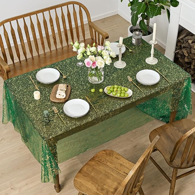 Horaldaily Green Gold Gauze Tablecloth 60x104 Inch Rectangular, Green Sequin Glitter Metallic Foil, Sheer Tulle Cheesecloth for Wedding Baby Shower Ceremony Birthday